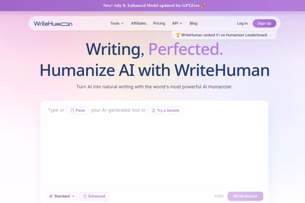 WriteHuman AI Humanizer Tool homepage screenshot