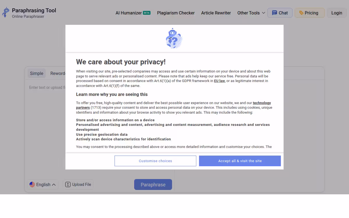 Paraphrasing Tool homepage screenshot