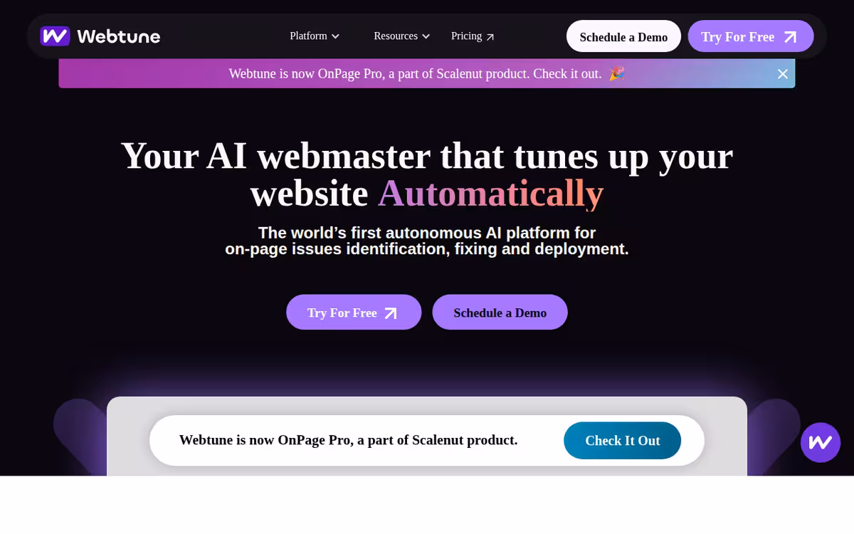 Webtune AI homepage screenshot