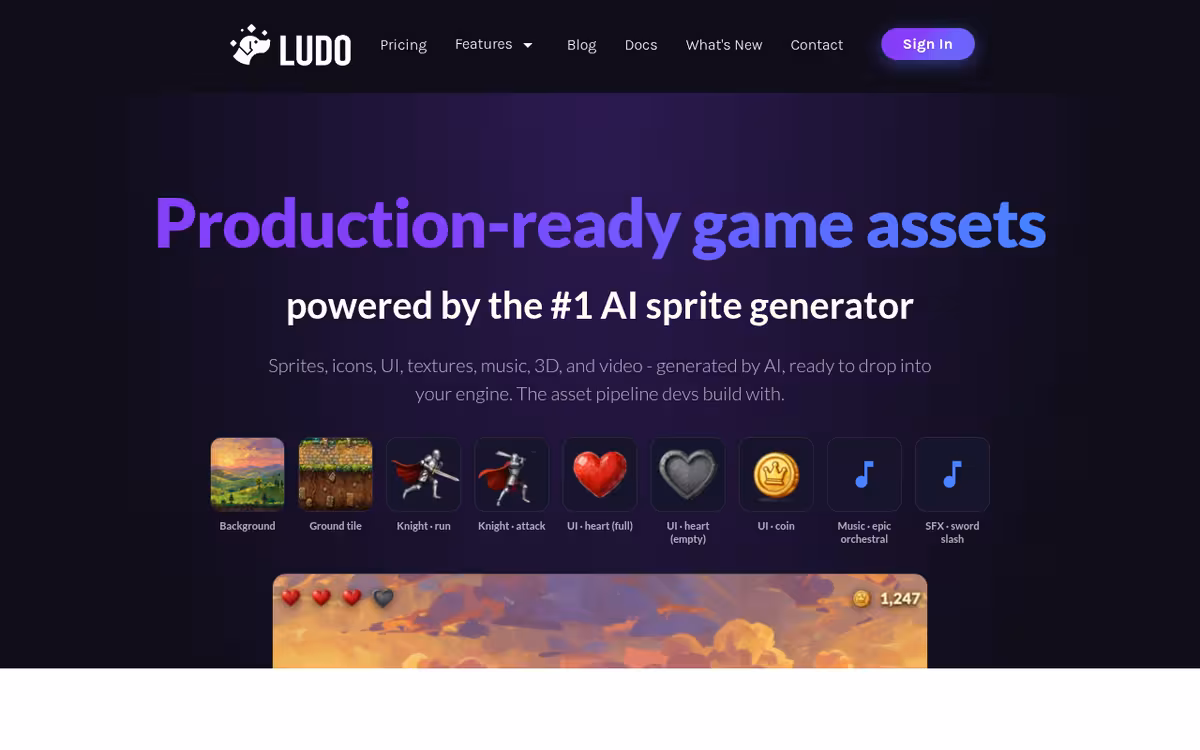 Create hit games with the power of AI with Ludo homepage screenshot