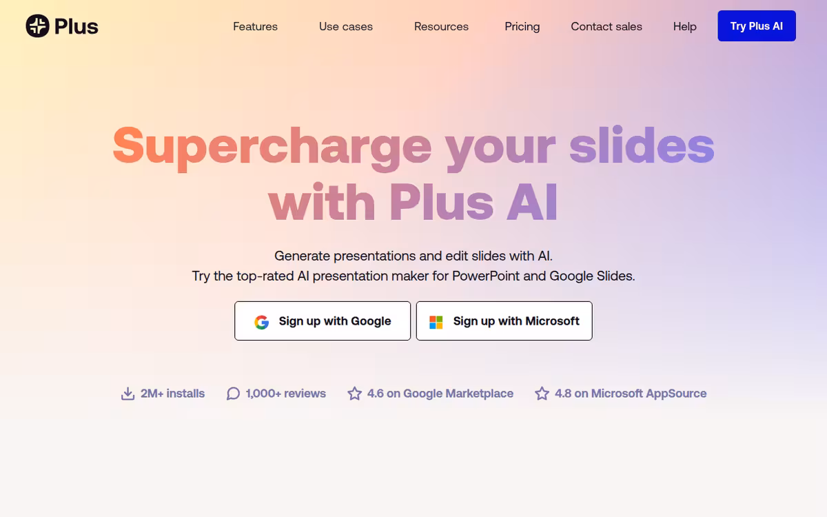 Plus AI presentation maker homepage screenshot