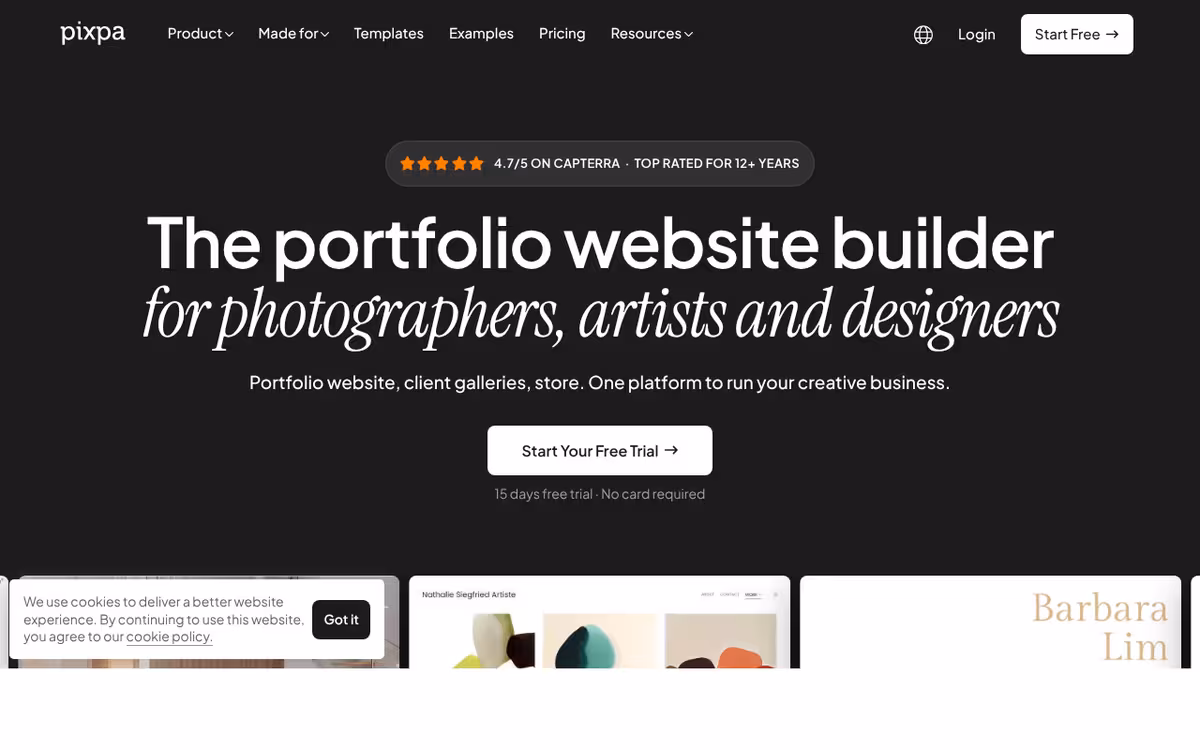 The portfolio website builder for photographers, artists and designers homepage screenshot