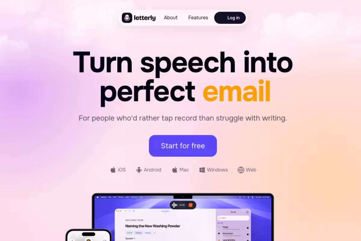 Letterly App homepage screenshot