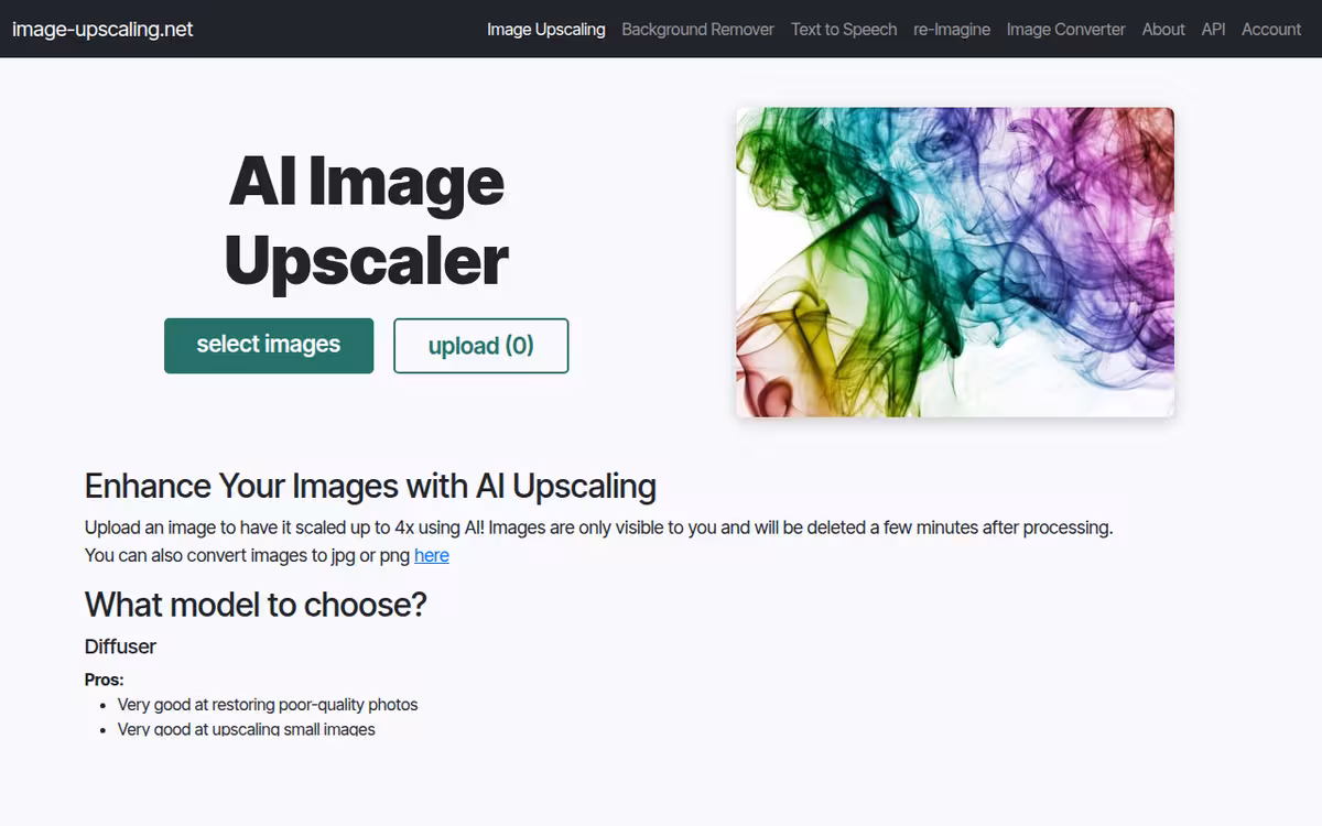 Free AI Image Upscaler homepage screenshot