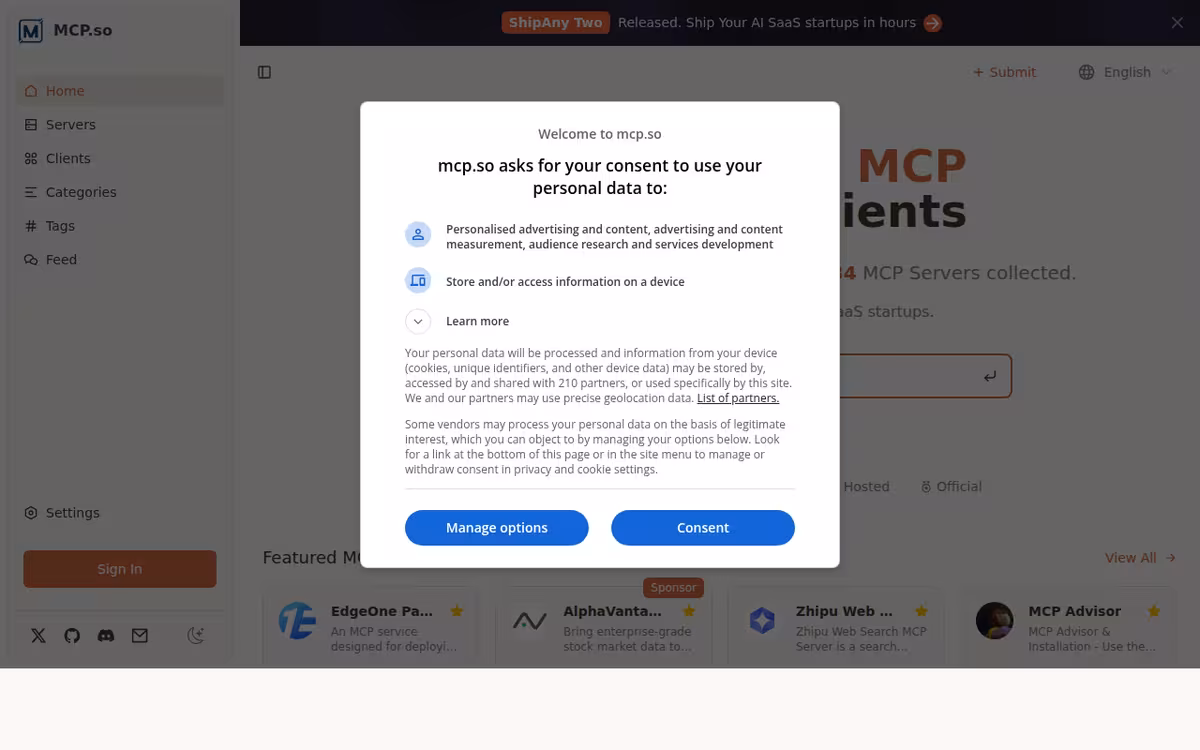 MCP Servers homepage screenshot