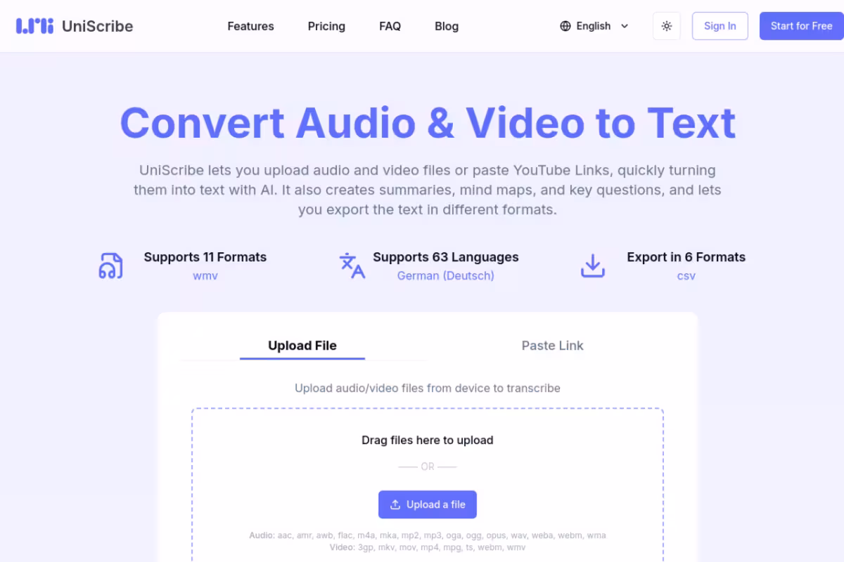 Convert audio and video to text online for free homepage screenshot