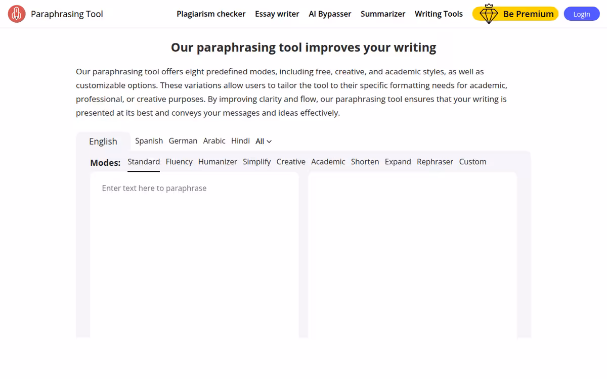 Free Online Paraphrasing Tool homepage screenshot
