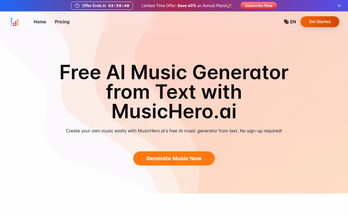 Generate Free AI Music Online with MusicHero.ai’s AI Music Generator homepage screenshot