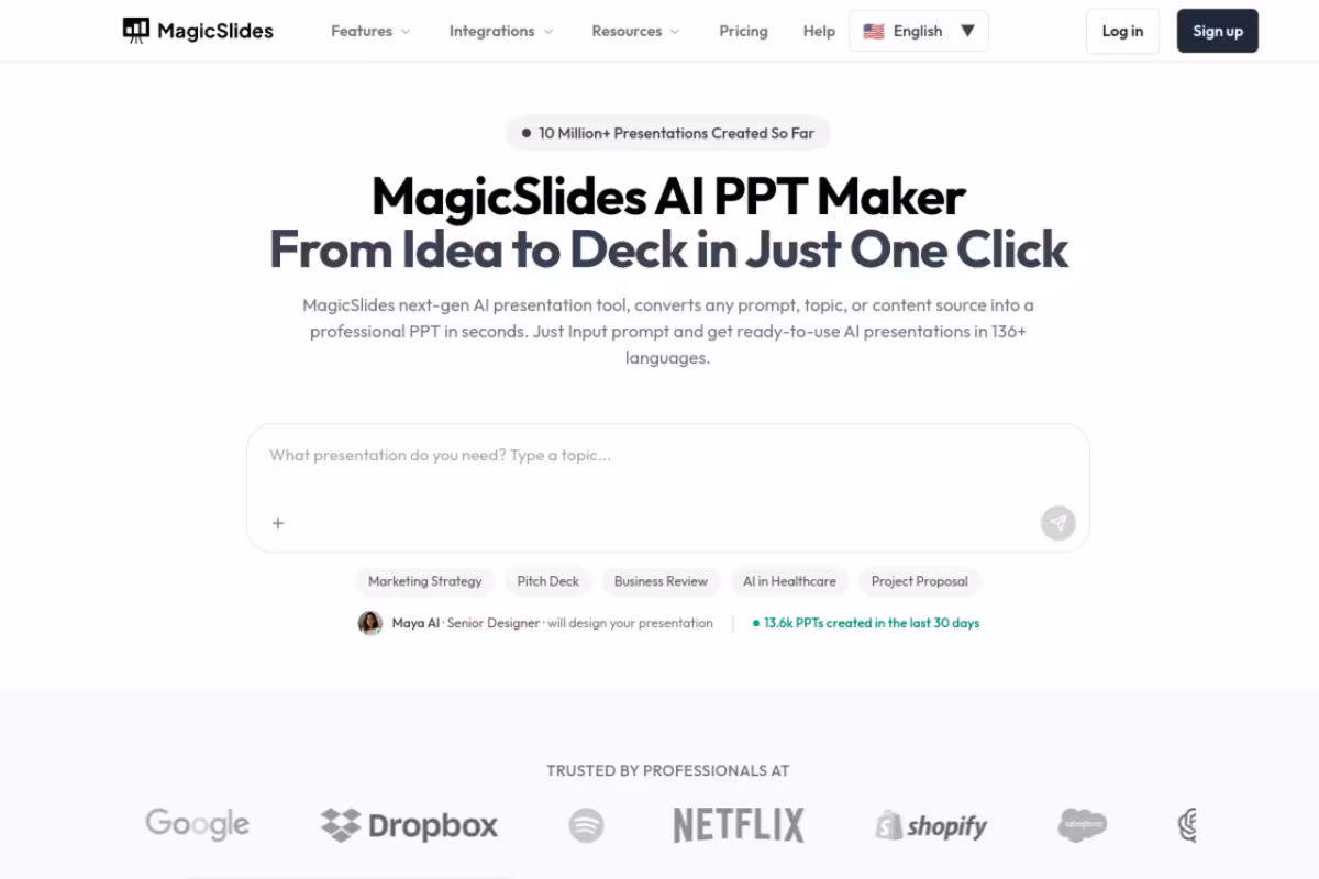 MagicSlides Best AI PPT Maker & Presentation Generator homepage screenshot