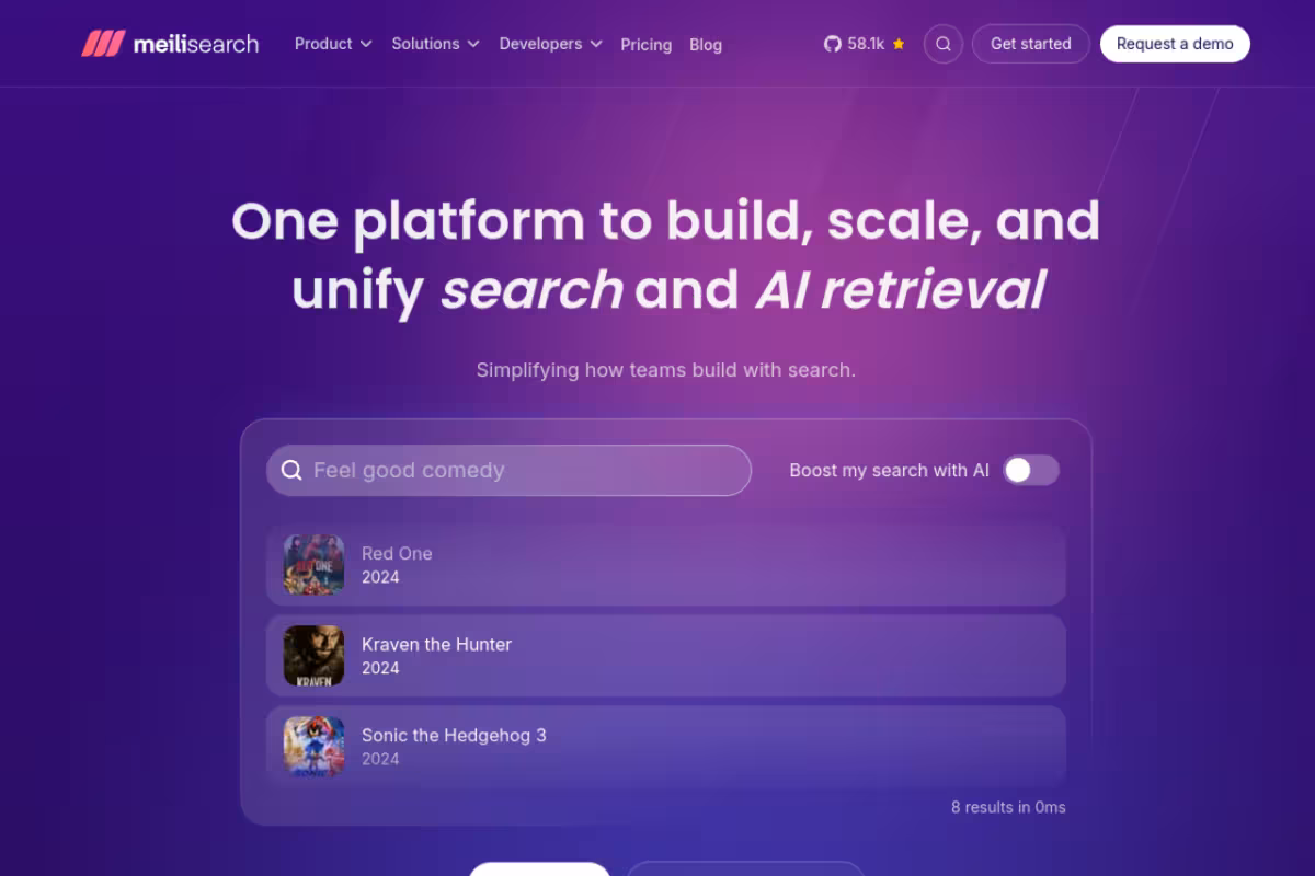 Meilisearch homepage screenshot