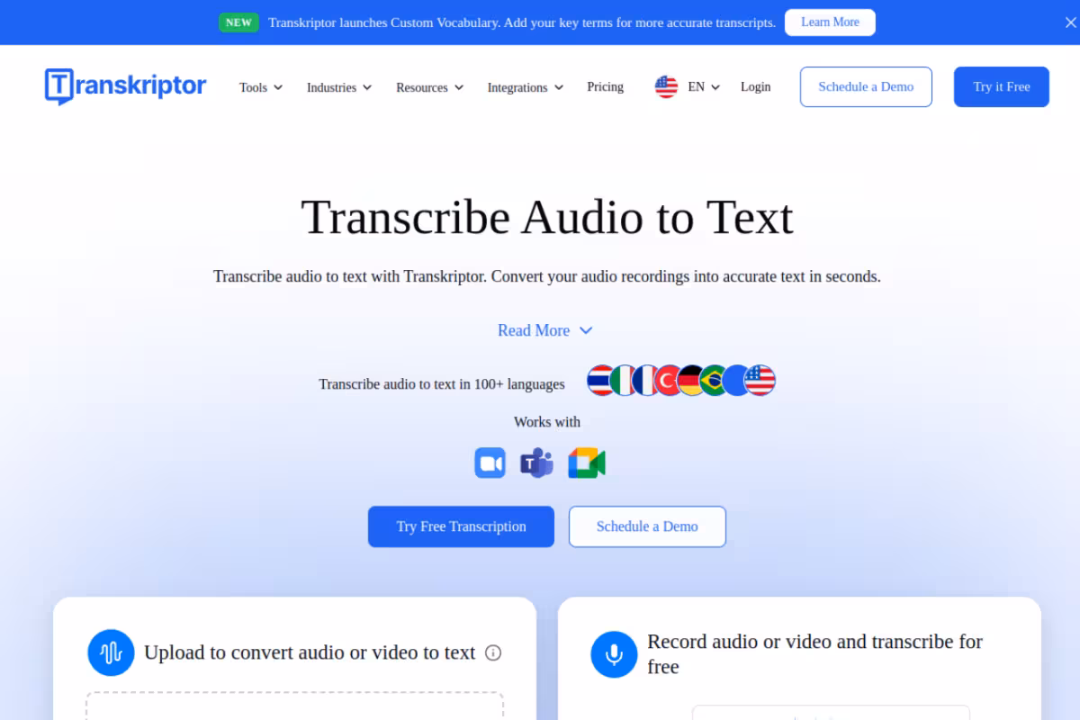 Transcribe Audio to Text homepage screenshot