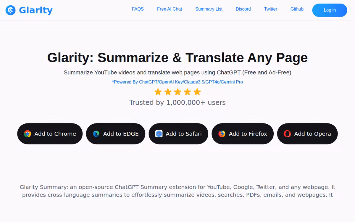 Glarity homepage screenshot