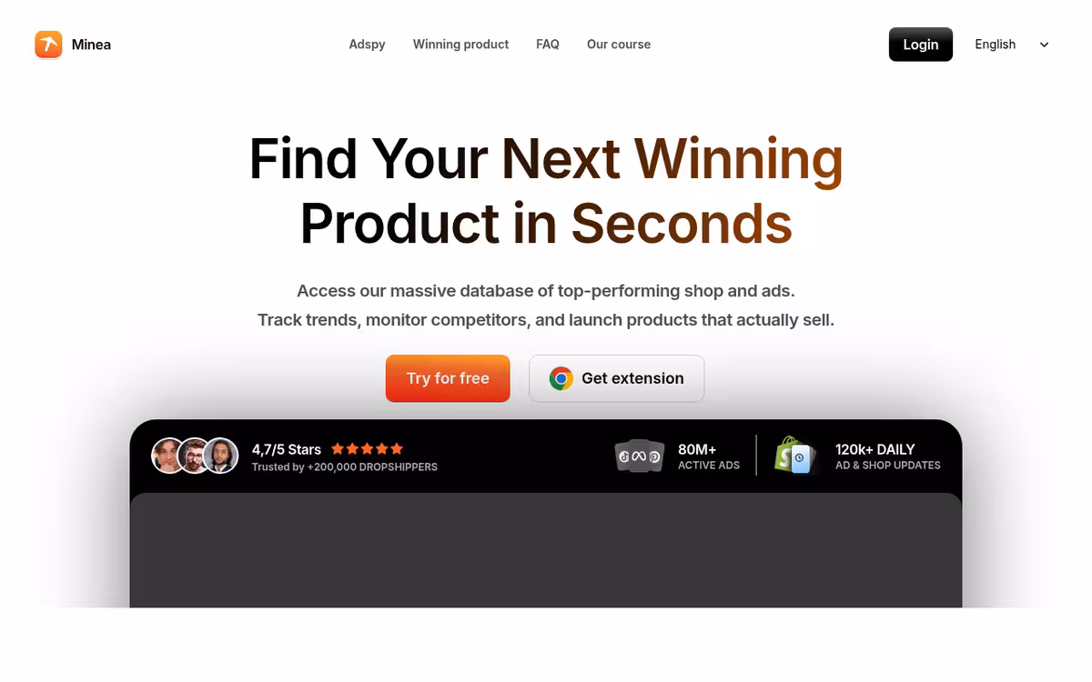 Minea homepage screenshot