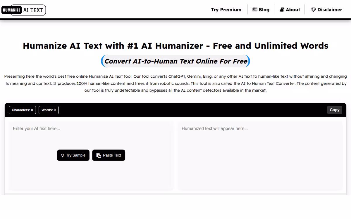 #1 Humanize AI Text Tool homepage screenshot