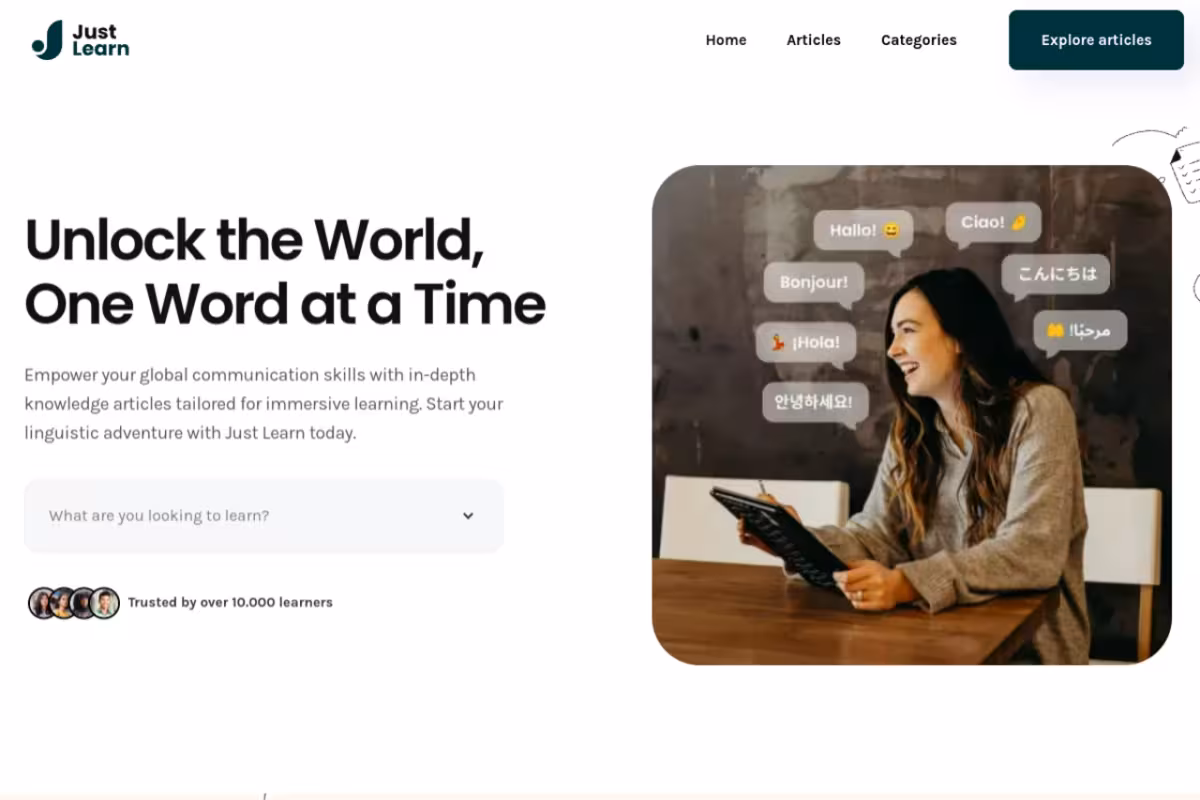 Justlearn homepage screenshot