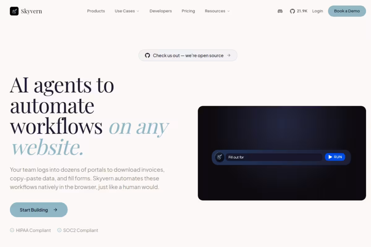 Skyvern homepage screenshot