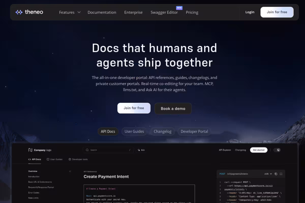Theneo homepage screenshot