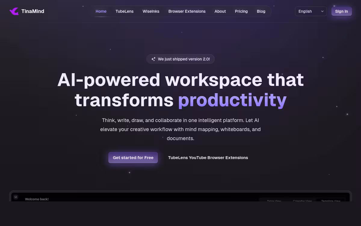 TinaMind homepage screenshot