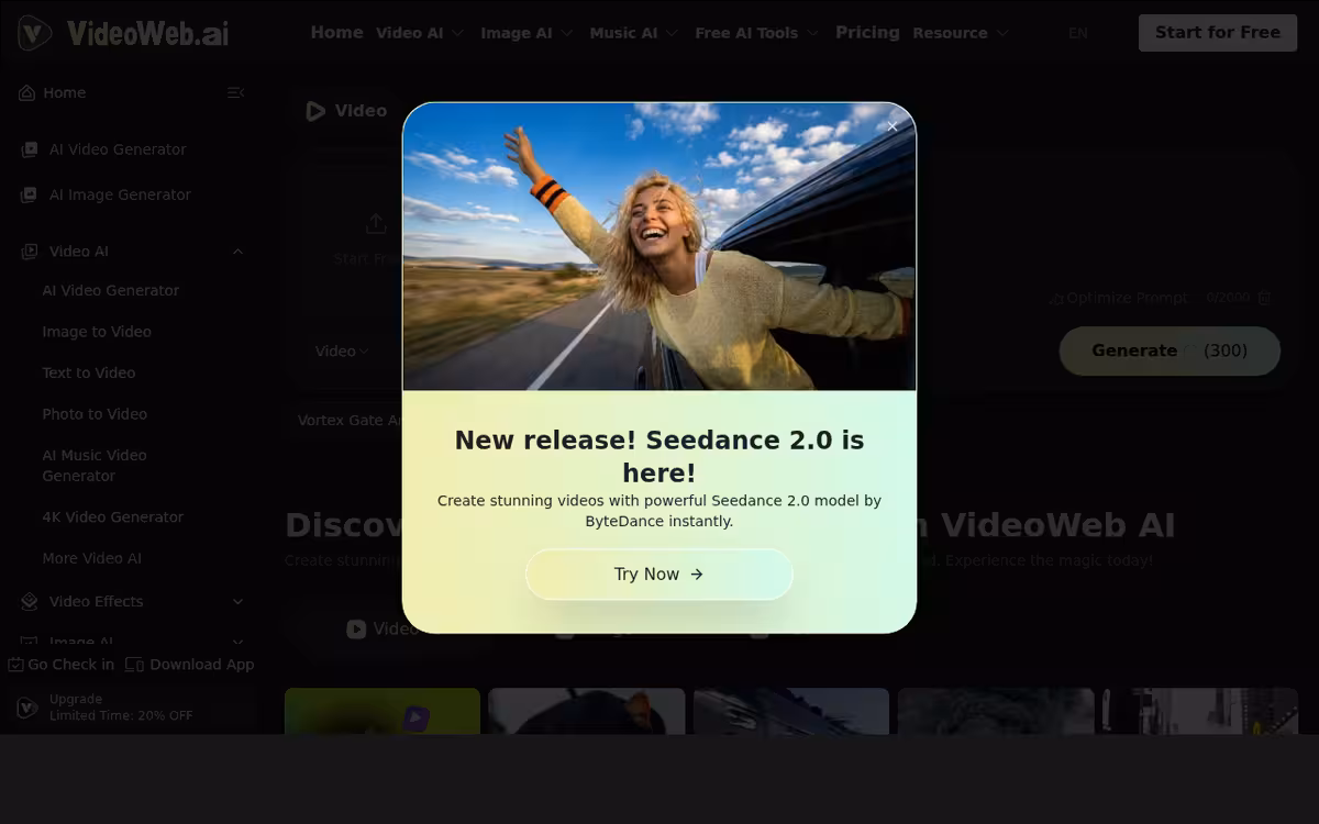 VideoWeb AI homepage screenshot