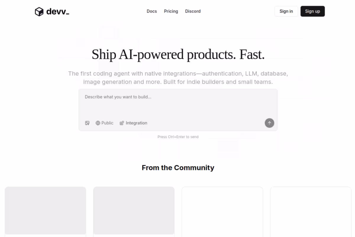Build Your First AI Product with Devv homepage screenshot