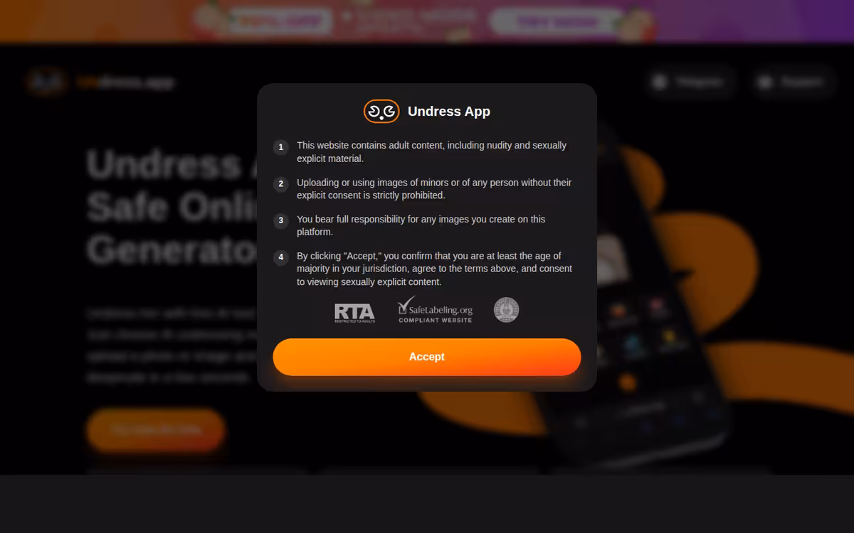 Undress App homepage screenshot