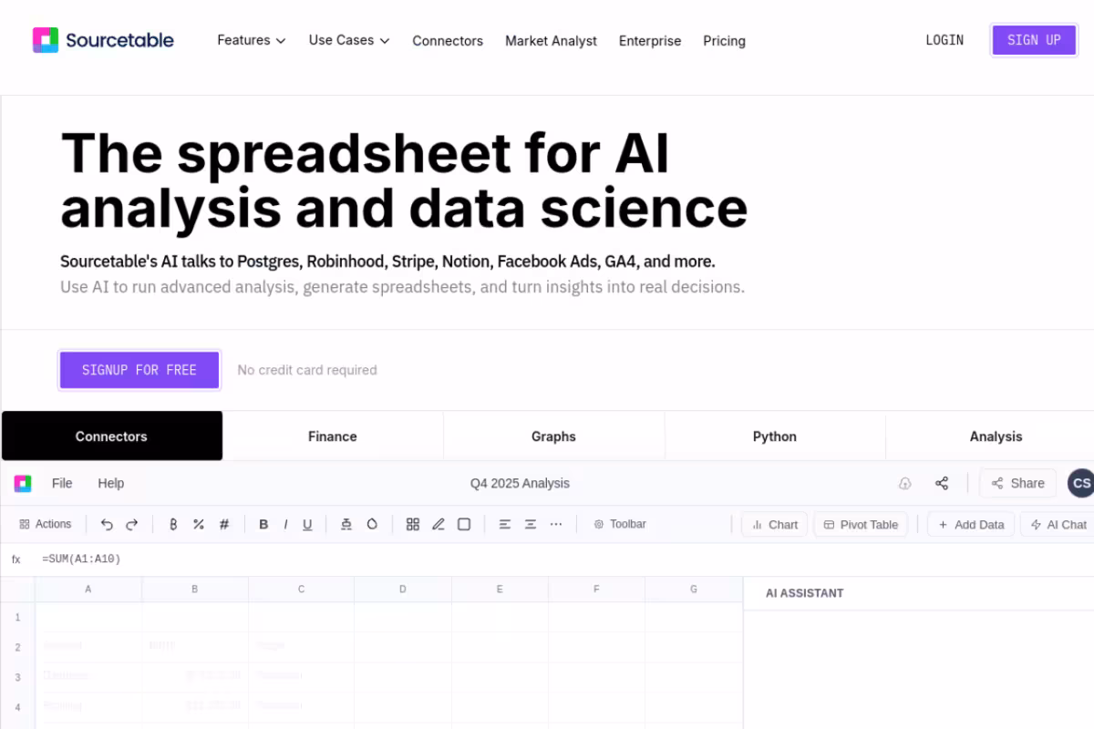 Sourcetable homepage screenshot