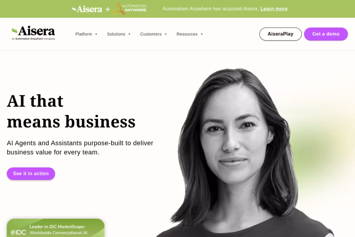 Aisera homepage screenshot