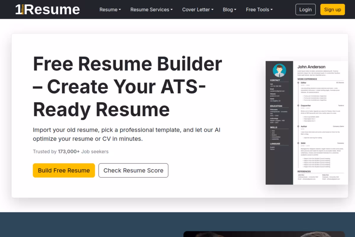 1MillionResume homepage screenshot