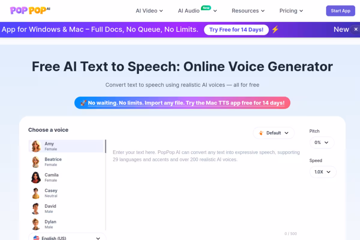 Realistic AI Voices homepage screenshot