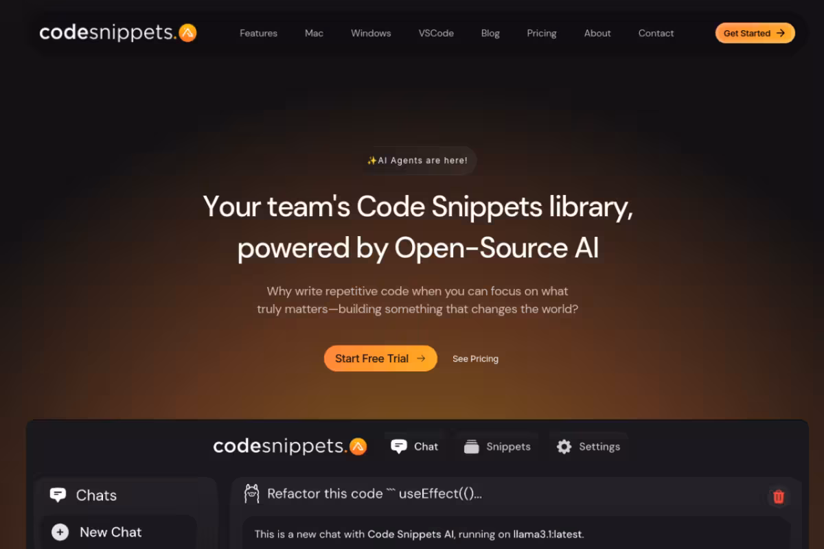 Code Snippets AI homepage screenshot