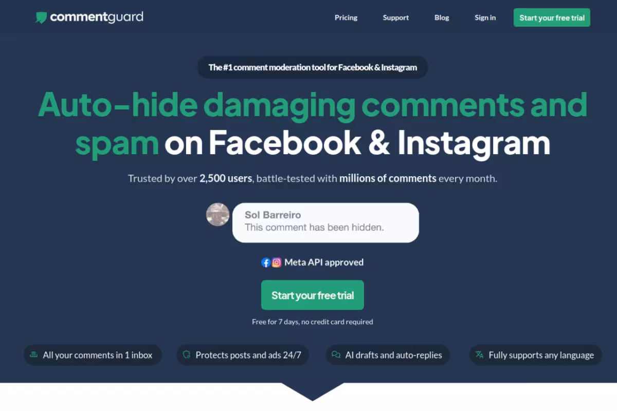 The #1 comment moderation tool for Facebook and Instagram homepage screenshot