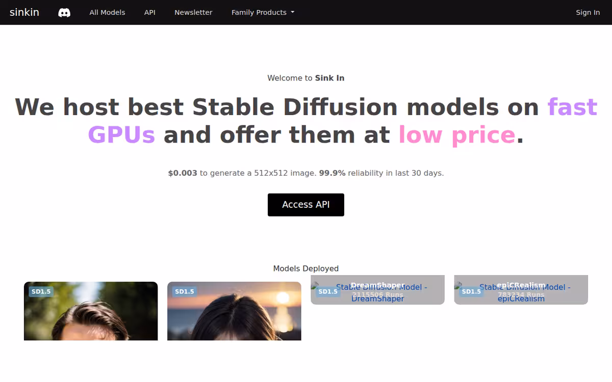 Sink In homepage screenshot