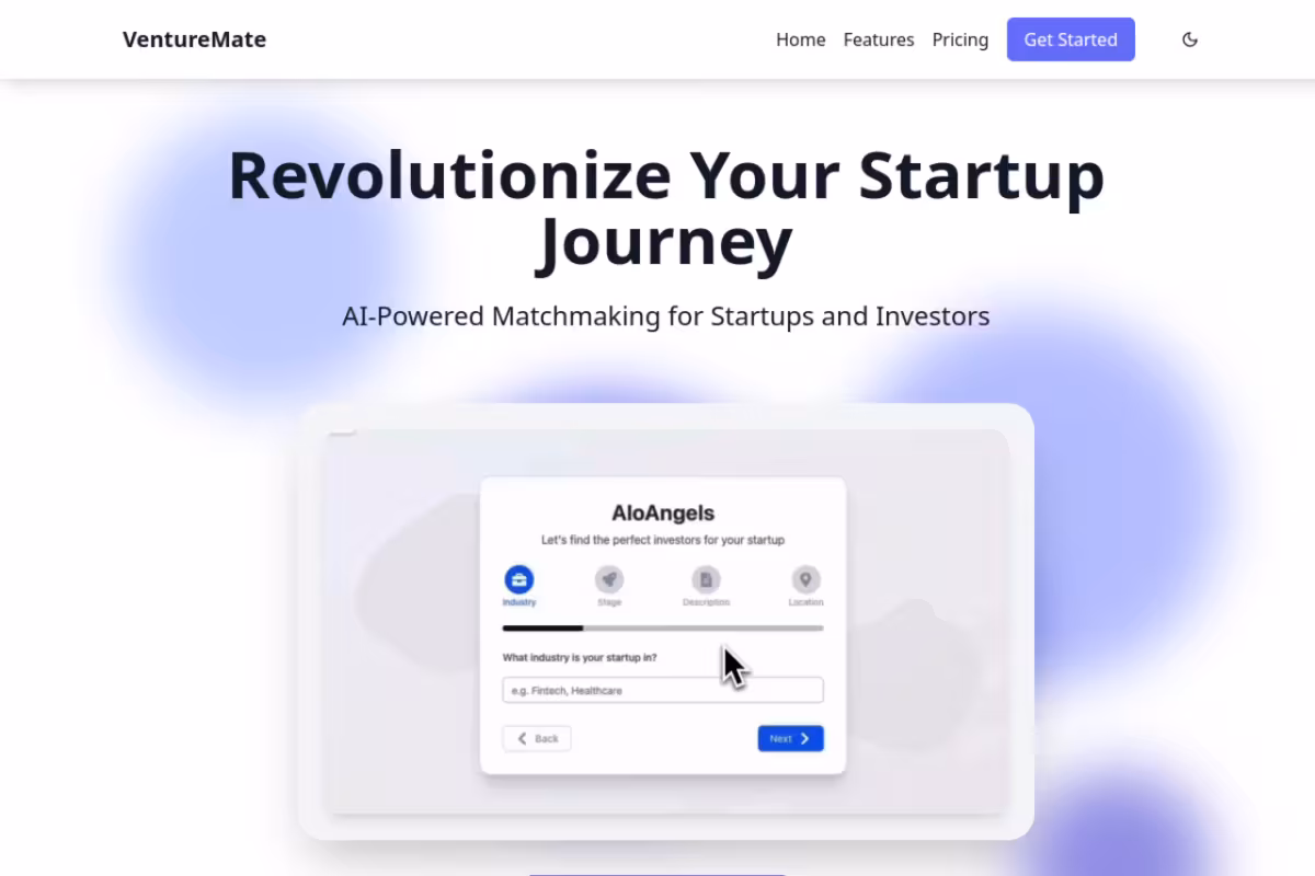 VentureMate homepage screenshot