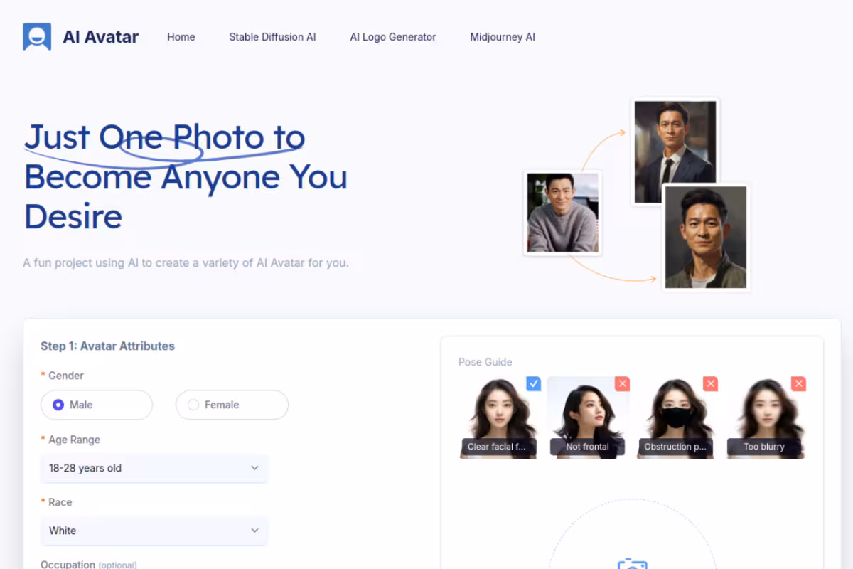 AI Avatar Generator Free App Online homepage screenshot