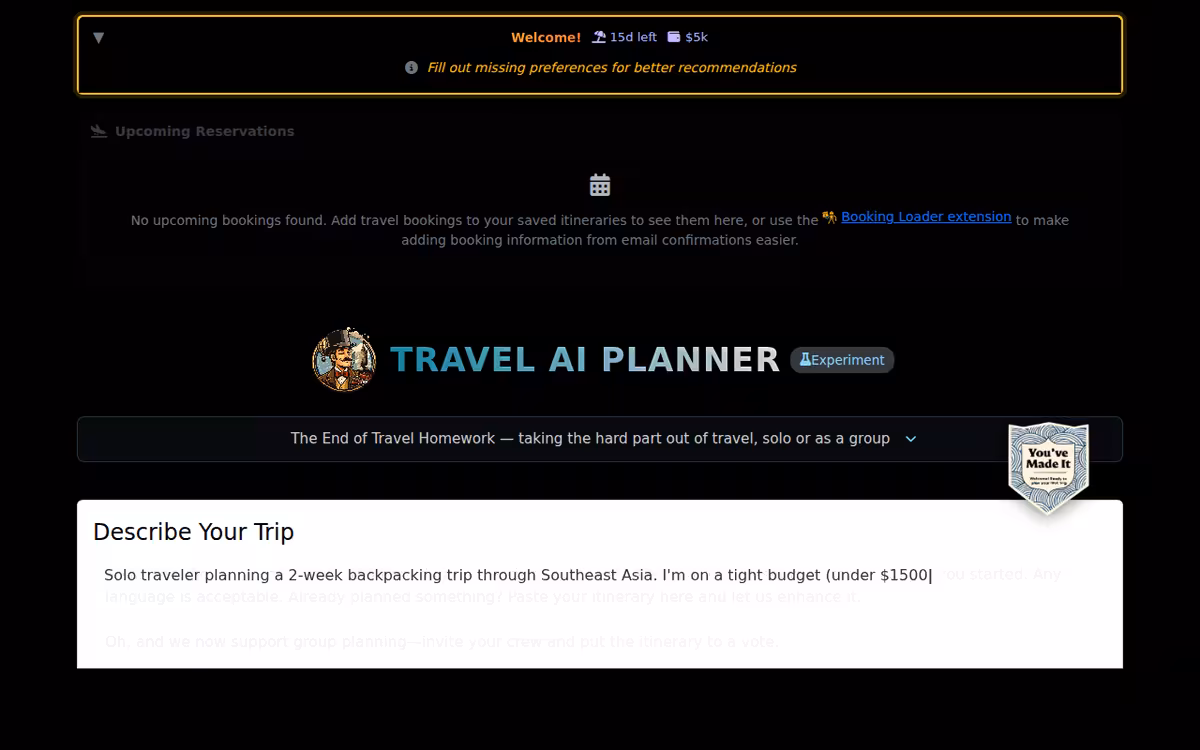 AI Trip Planner homepage screenshot