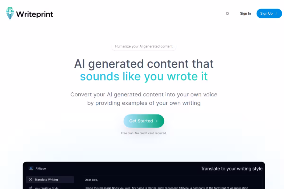 Writeprint.ai homepage screenshot