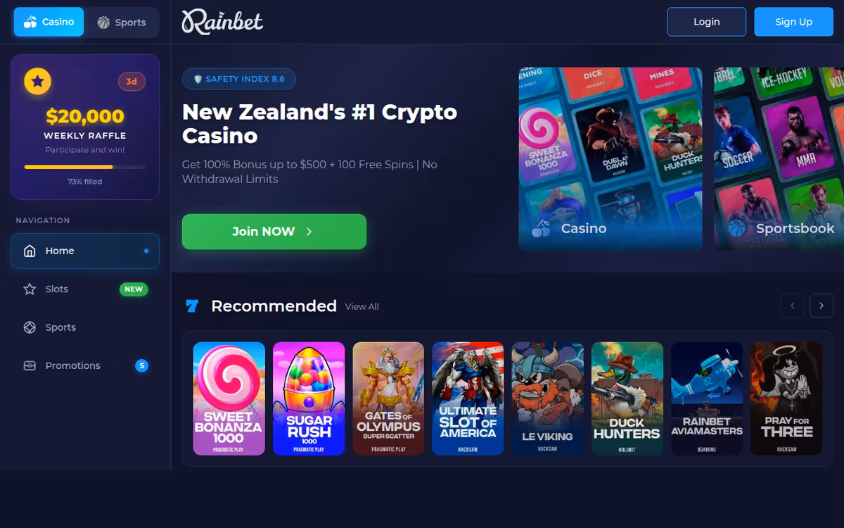 Rainbet Casino NZ Review 2025 ✅ Promo Code & Bonus homepage screenshot