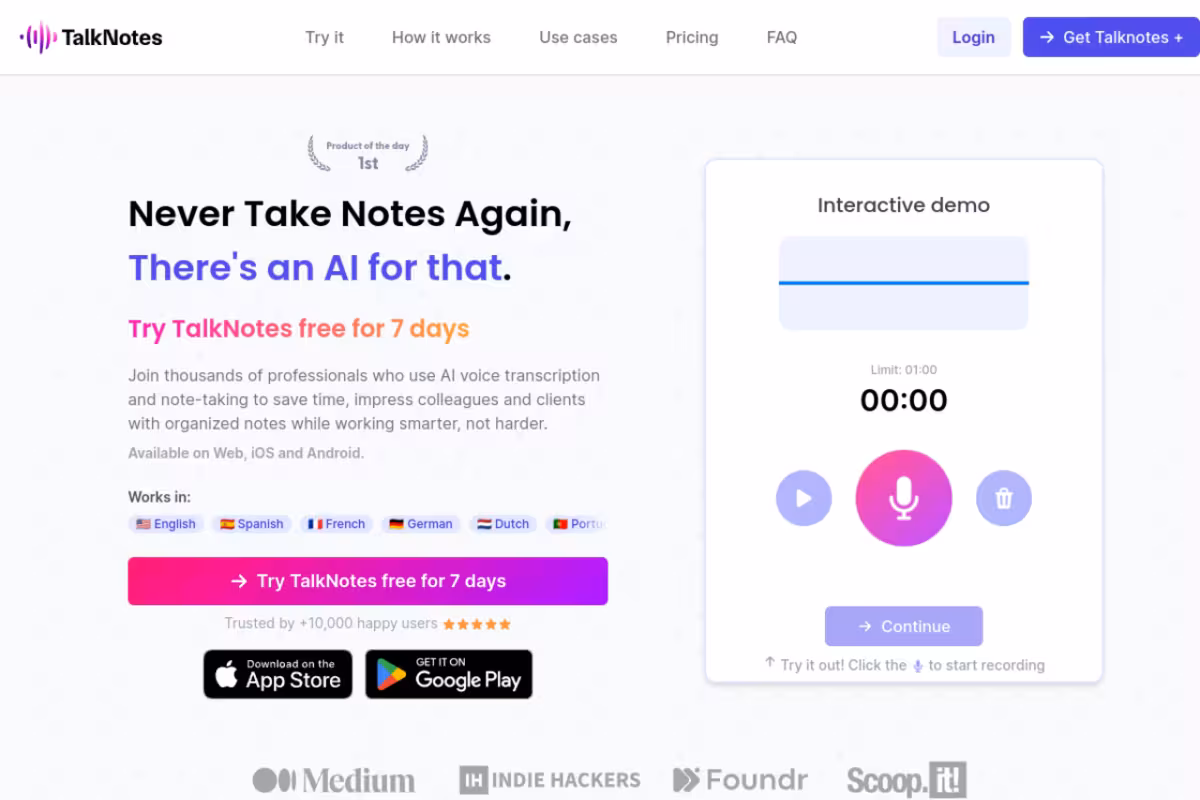 The #1 AI voice note app homepage screenshot