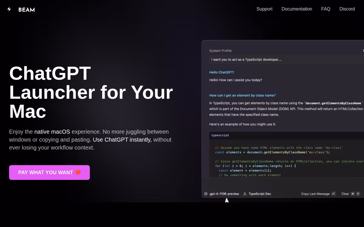 Beam homepage screenshot