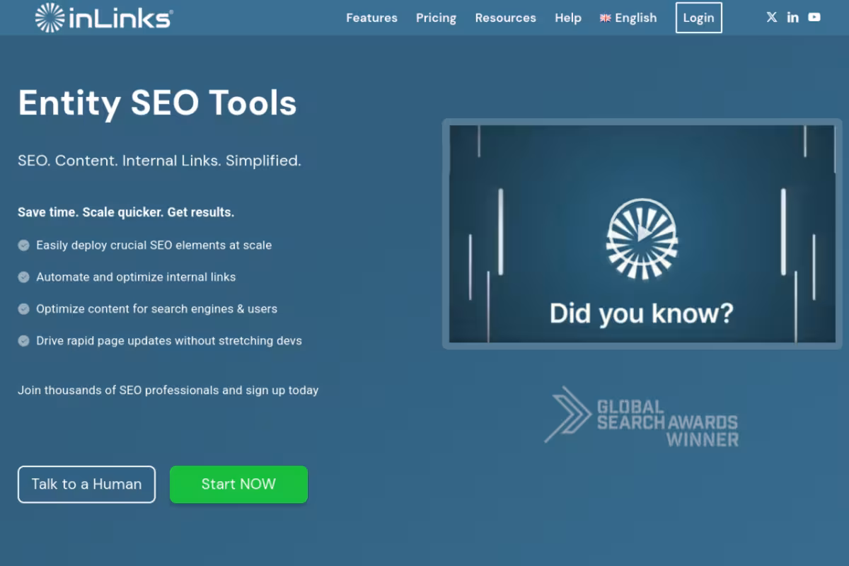 Inlinks® Entity SEO Tool homepage screenshot