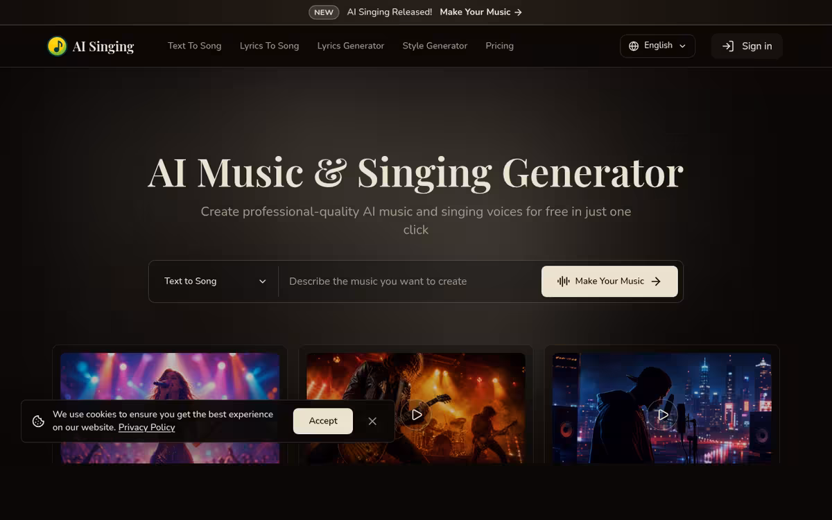 AI Singing homepage screenshot