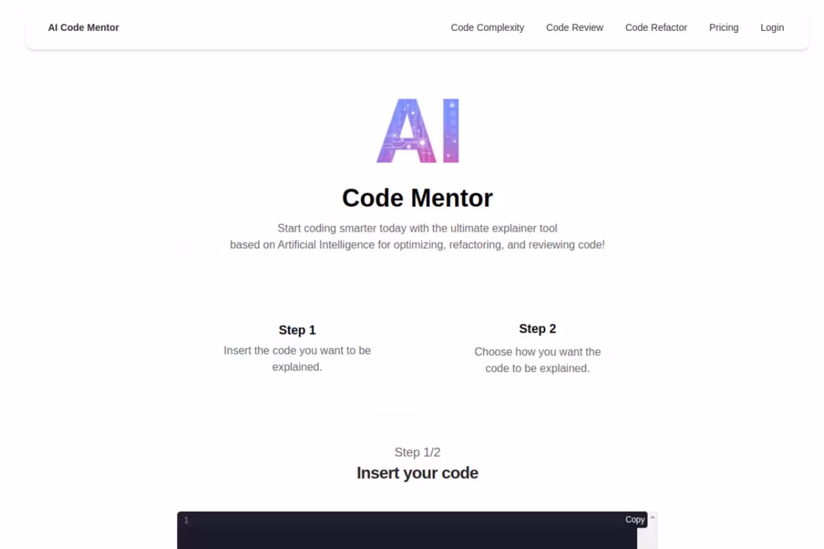 AI Code Mentor homepage screenshot