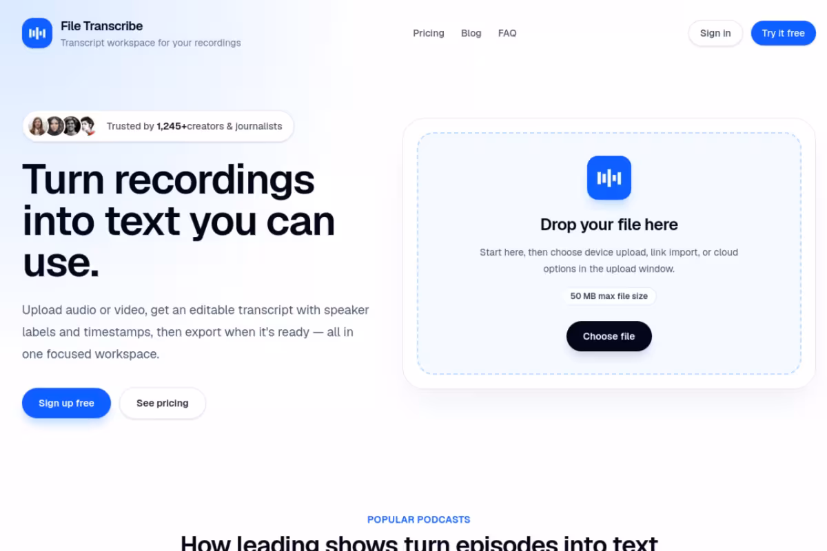 File Transcribe homepage screenshot