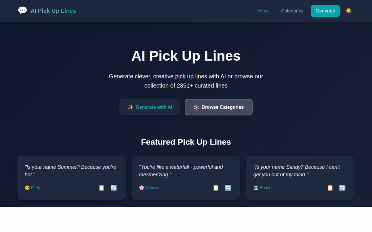 AI Pickup Lines Generator homepage screenshot