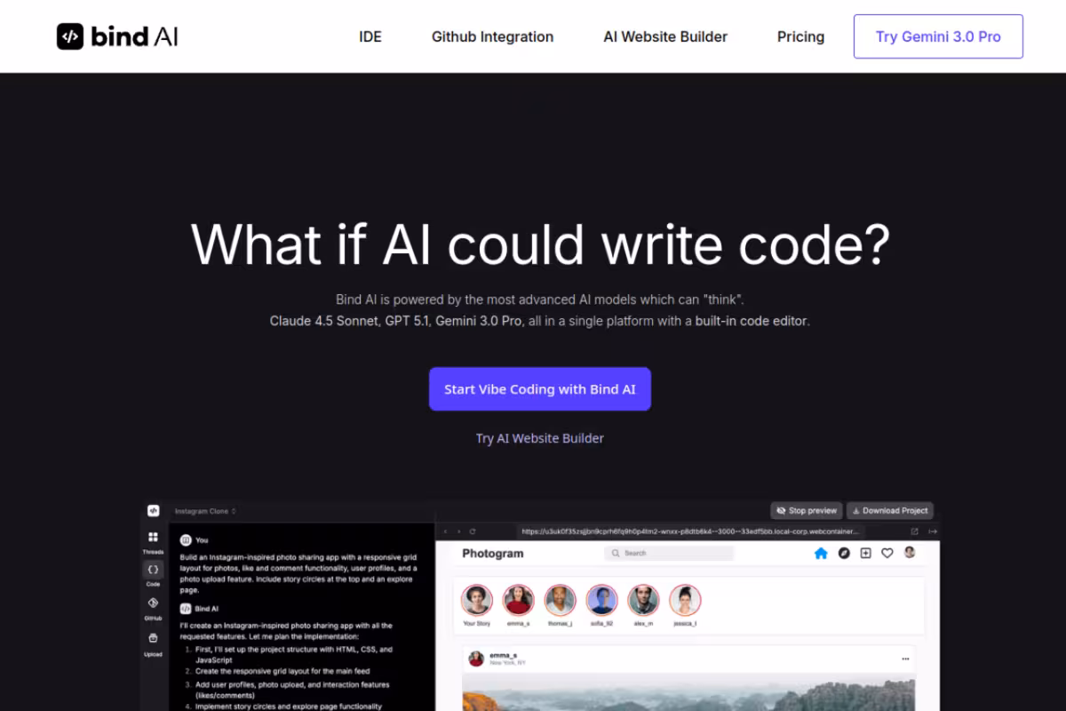 Bind AI IDE homepage screenshot