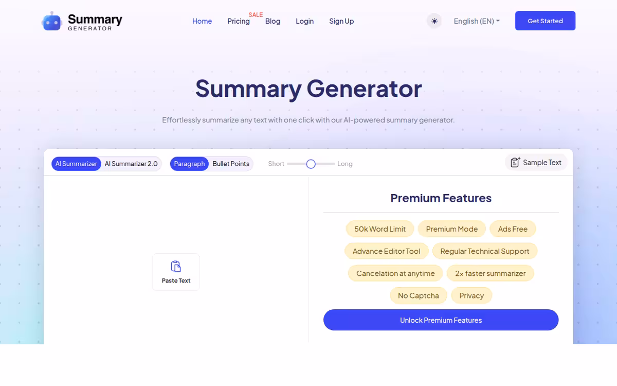 Ai Summary Generator homepage screenshot
