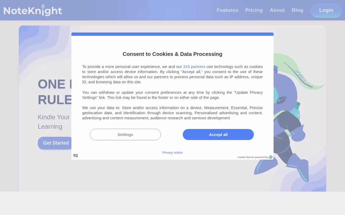 NoteKnight homepage screenshot