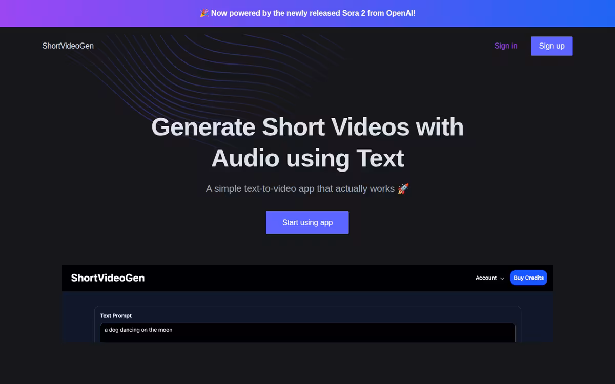 ShortGen Video homepage screenshot