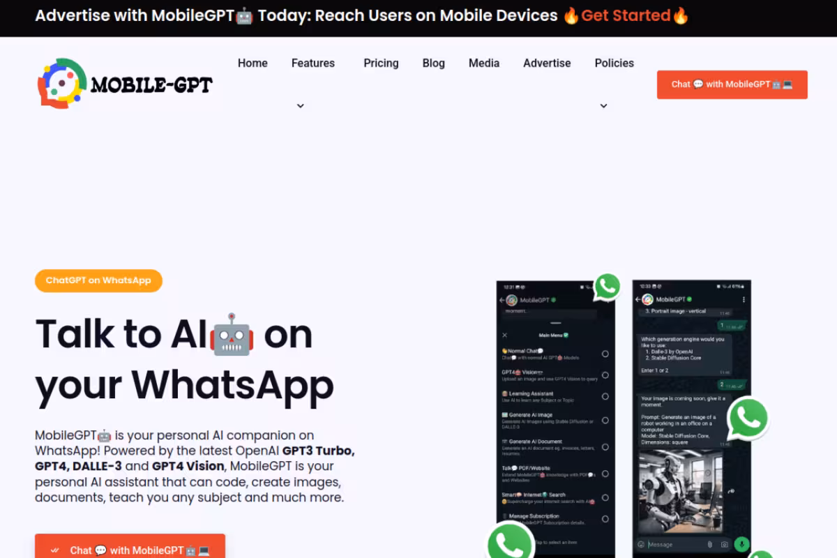 MobileGPT WhatsApp Chatbot homepage screenshot