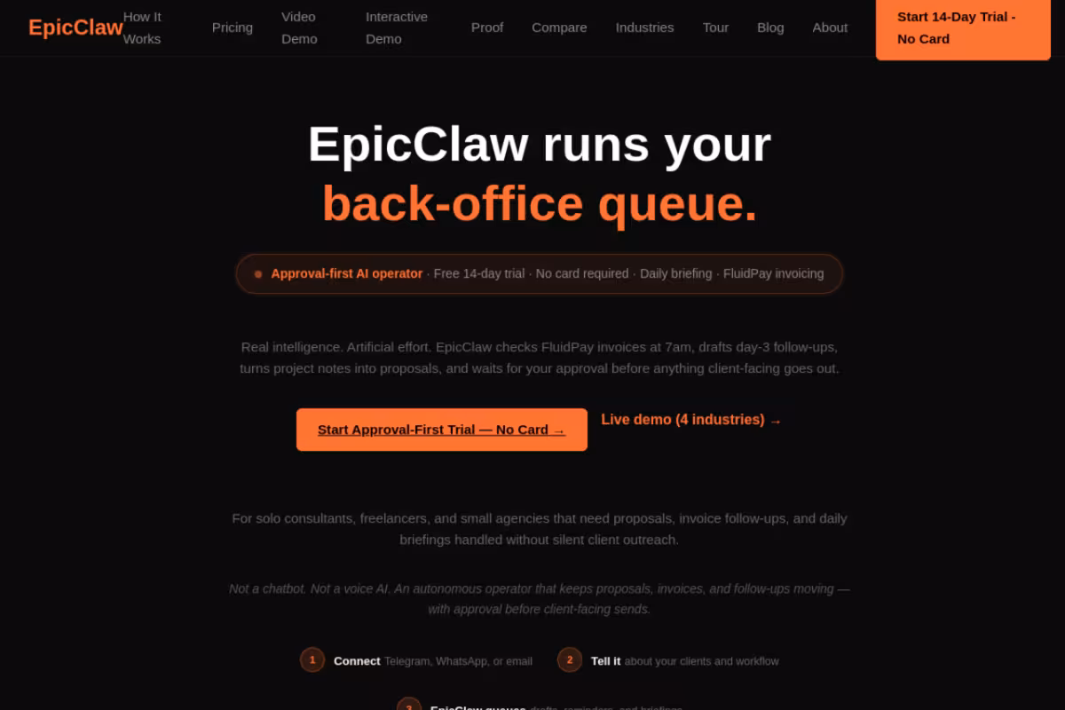 EpicClaw AI homepage screenshot